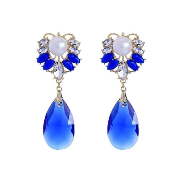 Sapphire Blue Crystal Rhinestone Pearl Vintage Gold Dangle Statement Earrings - Picture 1 of 12